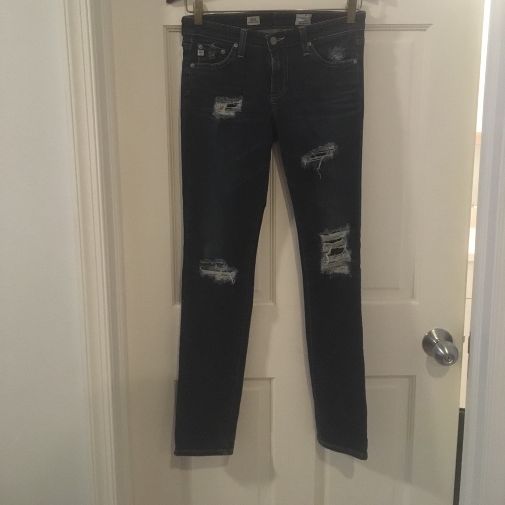 AG slit cigarette leg, destroyed, dark wash